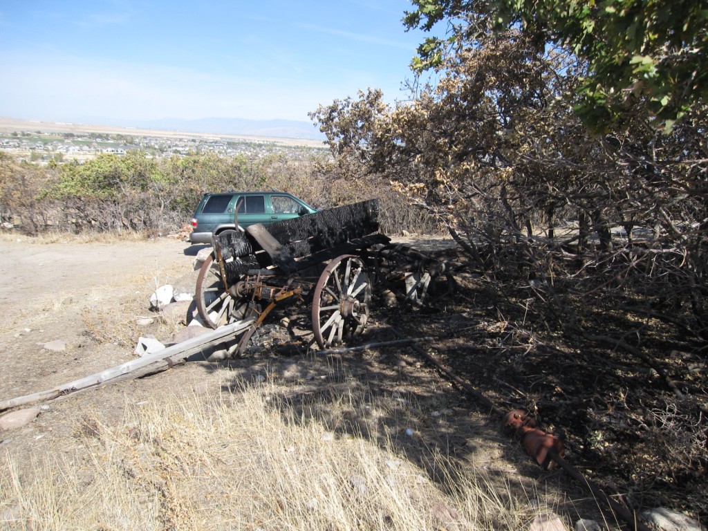 The burnt side of a wagon after the fire in Herriman