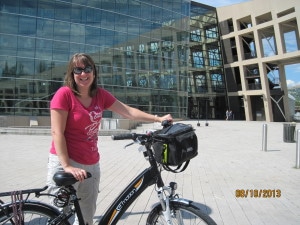 Rachael riding my bike in downtown Salt Lake City