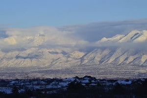 The Wasatch Mountains covered in winter snow.